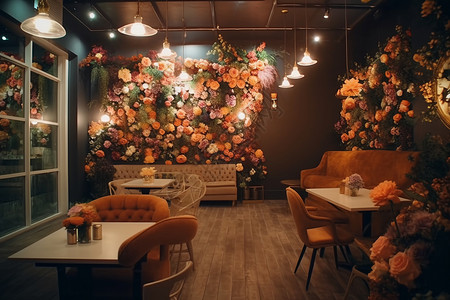 鲜花餐桌时尚咖啡馆的美丽的花墙设计图片