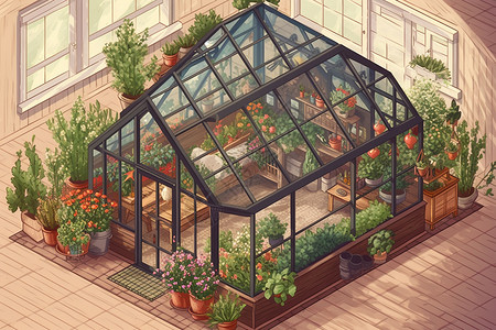 温室植物园温室带有各种盛开的植物插画