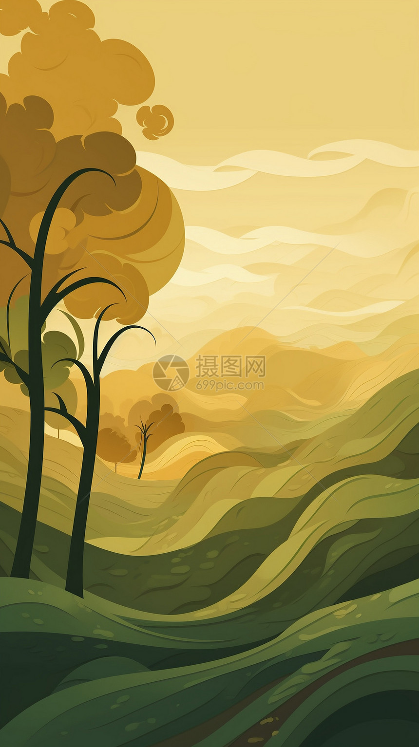 秋季线条树木插画图片