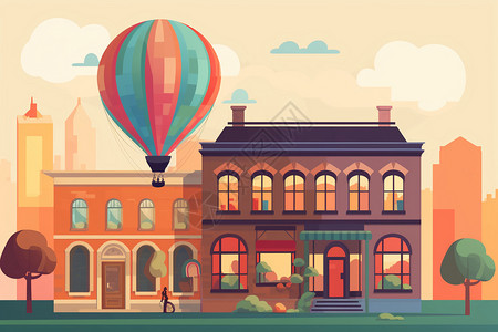 彩色大楼美术馆大楼旁的热气球插画