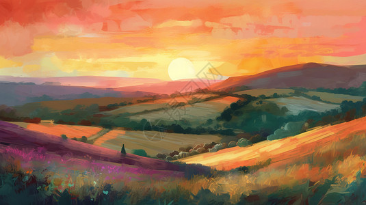 日落色彩鲜艳连绵起伏的山丘上日出景观插画