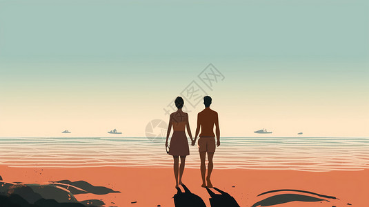 夫妇走在海滩上的背影图片