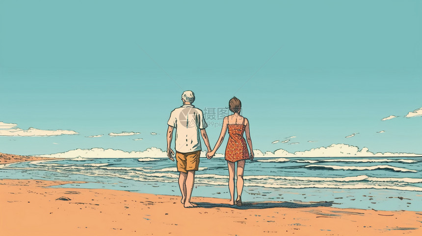 一对夫妇在晴朗的天空下走在海滩上的背影图片