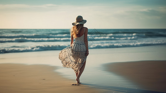 沙滩上海螺美丽的女人走在沙滩上海浪吹起衣纱背景