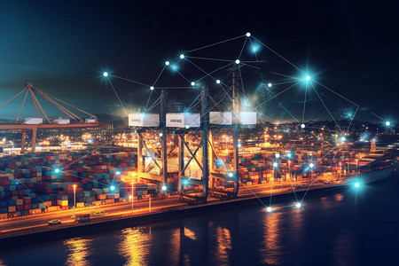 集装箱码头夜景全球工业集装箱货船24小时快速运输概念图设计图片