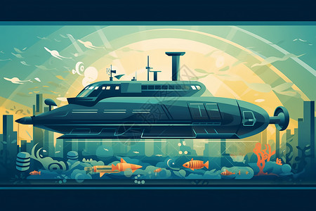 卡通几何潜水艇插画图片