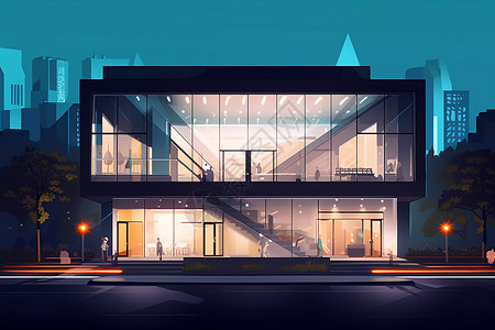 美术馆大楼的夜景插画背景图片