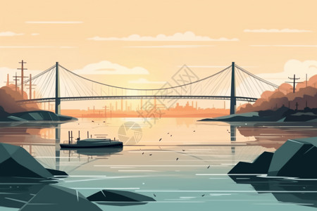 望天树吊桥横跨河流的吊桥艺术插图插画
