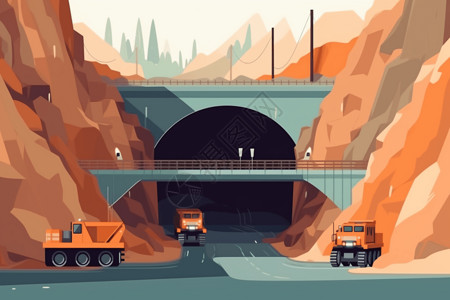 大型挖掘机修建地下公路隧道平面插图插画
