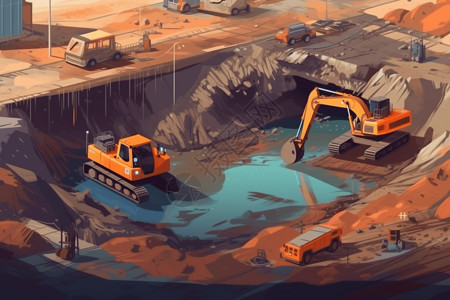 地下施工大型挖掘机挖掘地下停车场插图插画