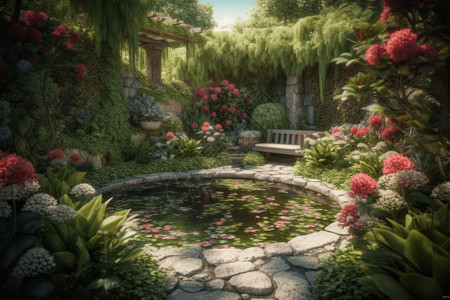 池塘边树叶宁静的城市花园3D概念图设计图片