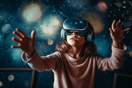 带眼镜小女孩学生通过VR了解太阳系设计图片