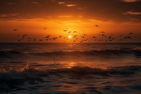 飞翔的鸟儿海洋日落图背景