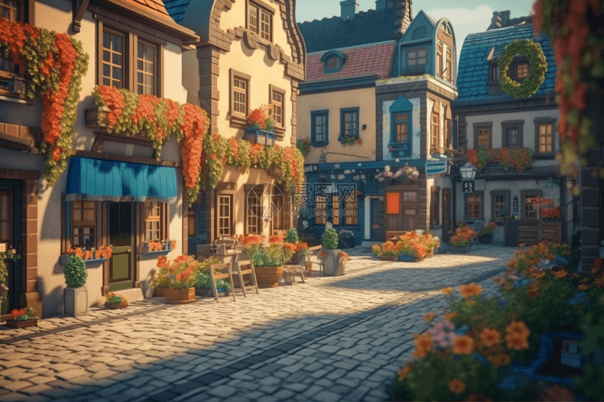 乡村小镇3D插图图片