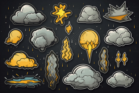 乌云天气图标雷雨主题卡通贴纸套装插画