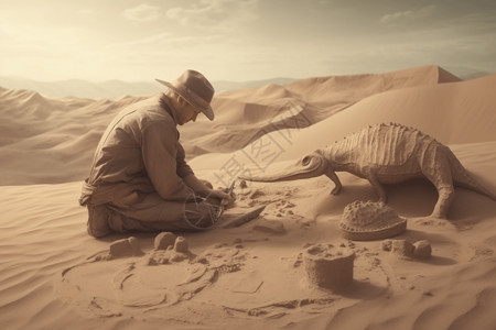 古生物学家沙漠中恐龙化石设计图片