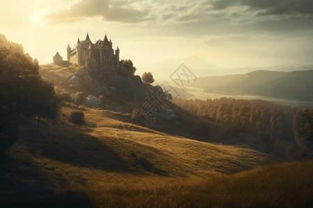 丘陵上的中世纪城堡3D概念图图片