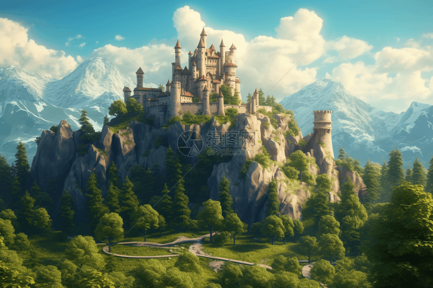 童话世界中雄伟的城堡平面插图图片