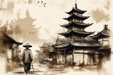 中国风建筑和人物背景图片
