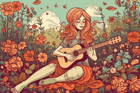 花丛里弹吉他的女孩图片