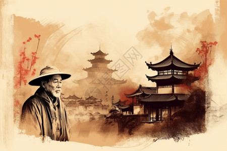 中国传统建筑和人物背景图片