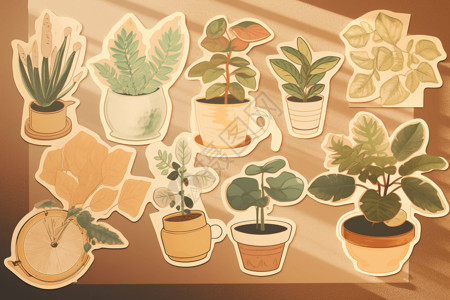 卡通喷壶盆栽植物创意贴纸设计图片