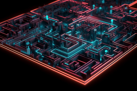 电路板的霓虹色迷宫3D概念图图片