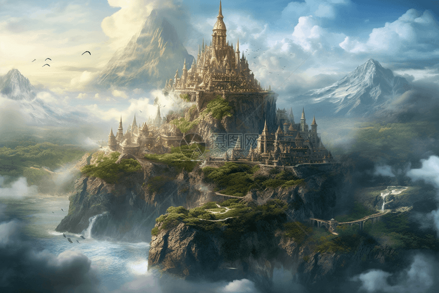 漂浮的王国城堡3D插图图片