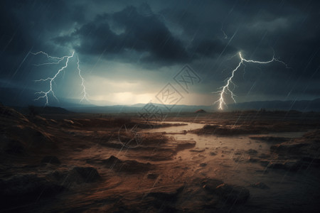 雷雨闪电撞击地面的概念图图片