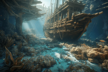 沉船湾神秘的海底世界概念图设计图片