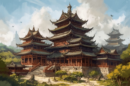 中国庙宇建筑群艺术插图背景图片