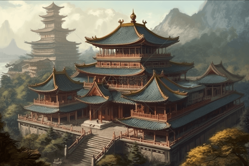 中国庙宇建筑群创意插图图片