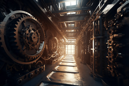 古老时钟工业工厂制造互锁齿轮机械模型设计图片