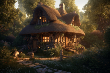 林间小屋异想天开的童话小屋创意概念图设计图片