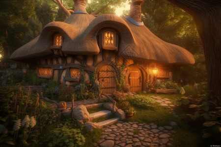 茅草地屋顶异想天开的童话小屋3D概念图设计图片