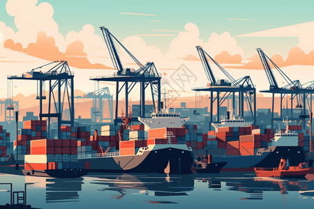 繁忙的工业运输港口创意插图图片