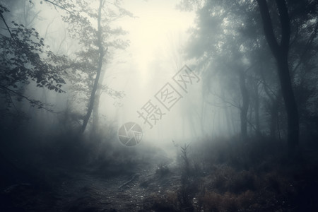 森林笼罩在雾中的神秘景象背景图片