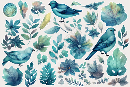 植物鸟类创意艺术贴纸集图片