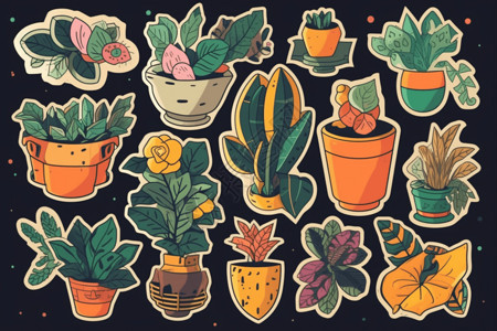 卡通盆栽植物植物平面创意贴纸背景