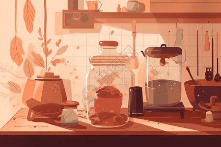 在柜台上在舒适的厨房环境中酿造凉茶插画