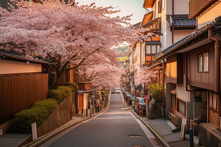 春天街头街头的樱花树背景