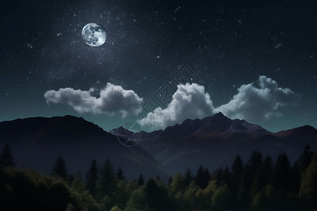 夜晚星空和山上的月亮图片