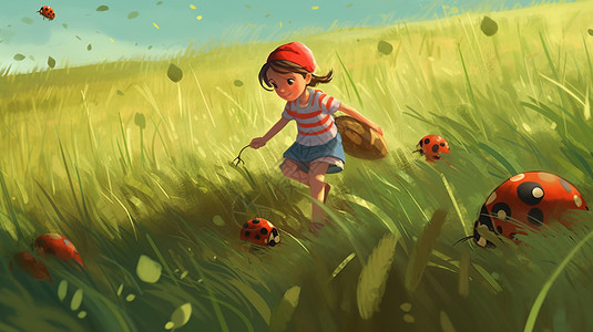 绿色田野里追逐瓢虫的孩子背景图片