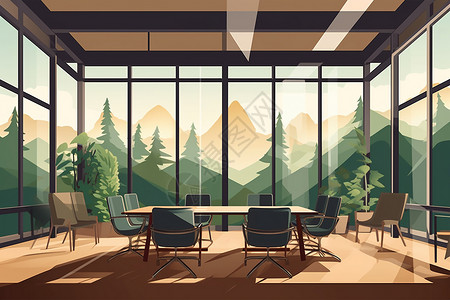 全景自然一间带玻璃墙的会议室插画