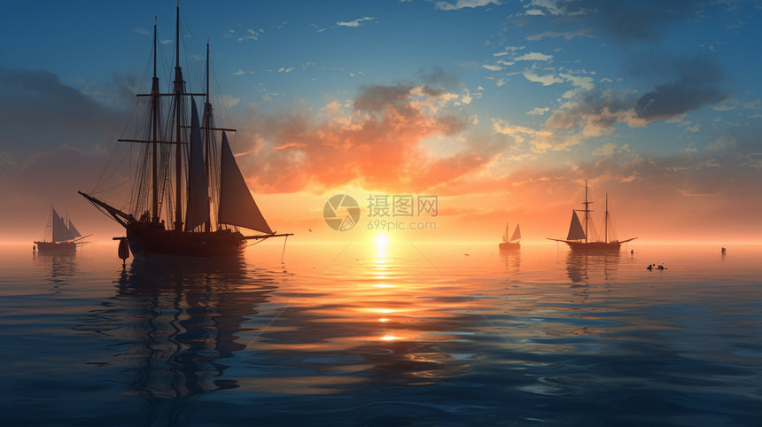 夕阳下海上的船图片