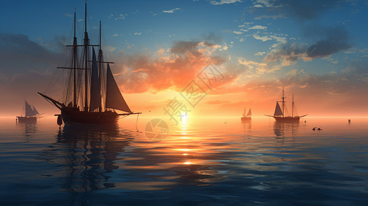 海上的船只夕阳下海上的船插画
