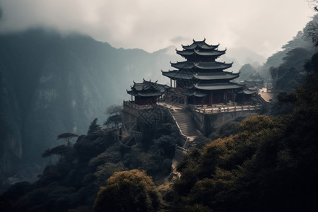 烟云素材一座古老的寺庙栖息在山腰背景