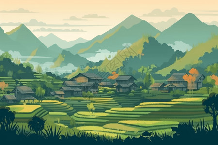 宁静村庄的稻田图片