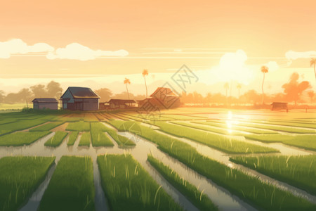 远处有农舍和树木的稻田图片