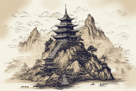 中式山脉和建筑图片